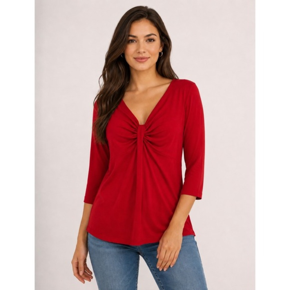 Talbots Top Blouse Women‎ 2X Petite Red Knot Front V-Neck 3/4 Sleeve Stretchy